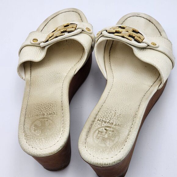Tory Burch Selma White Leather Wedge Slides Sandals Size 10 - Picture 9 of 12